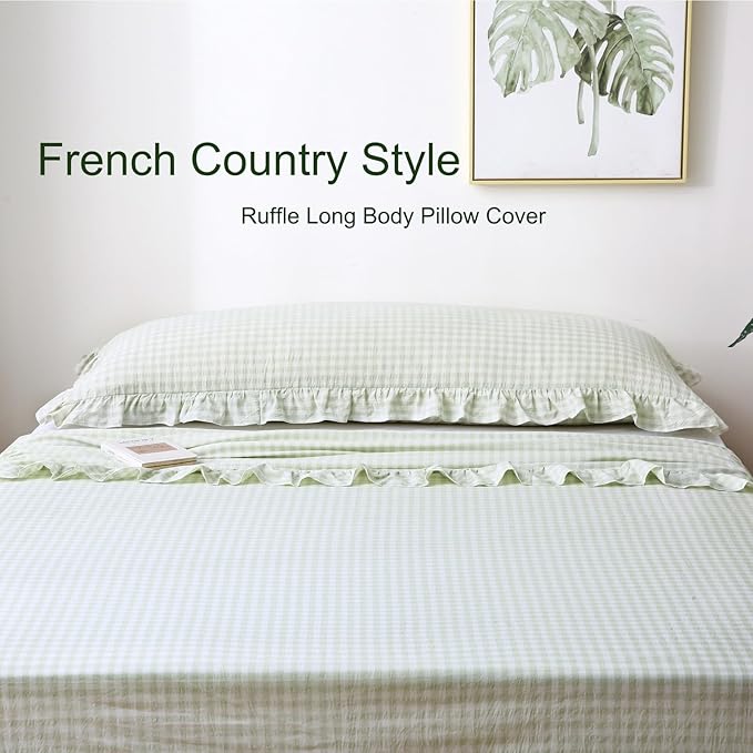 Pile Green White Plaid Ruffled Gingham Body Pillow Cover, 100% Washed Cotton - Image 7