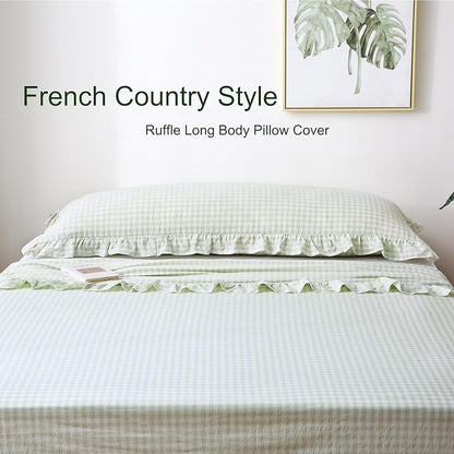 Pile Green White Plaid Ruffled Gingham Body Pillow Cover, 100% Washed Cotton - Image 7