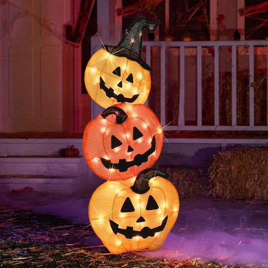 Halloween Lighted Stacked Pumpkins Decoration, Pre-Lit with 50 Warm White Lights Jack-O-Lantern Pumpkins Lights, Halloween Light Up Pumpkin for Indoor, Outdoor, Porch, Yard, 39’’ H