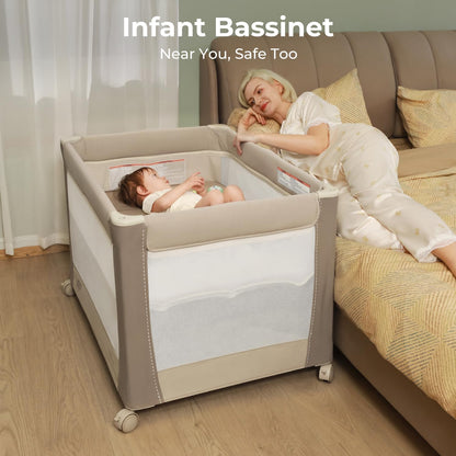 pamo babe deluxe pack and play with bassinet, side view