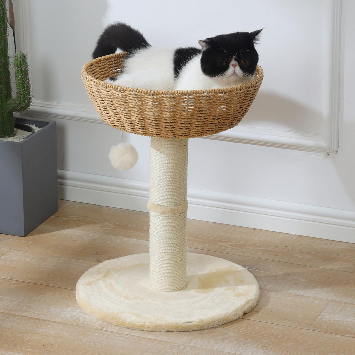 shengocase cat tree tower with rattan wicker basket, side view