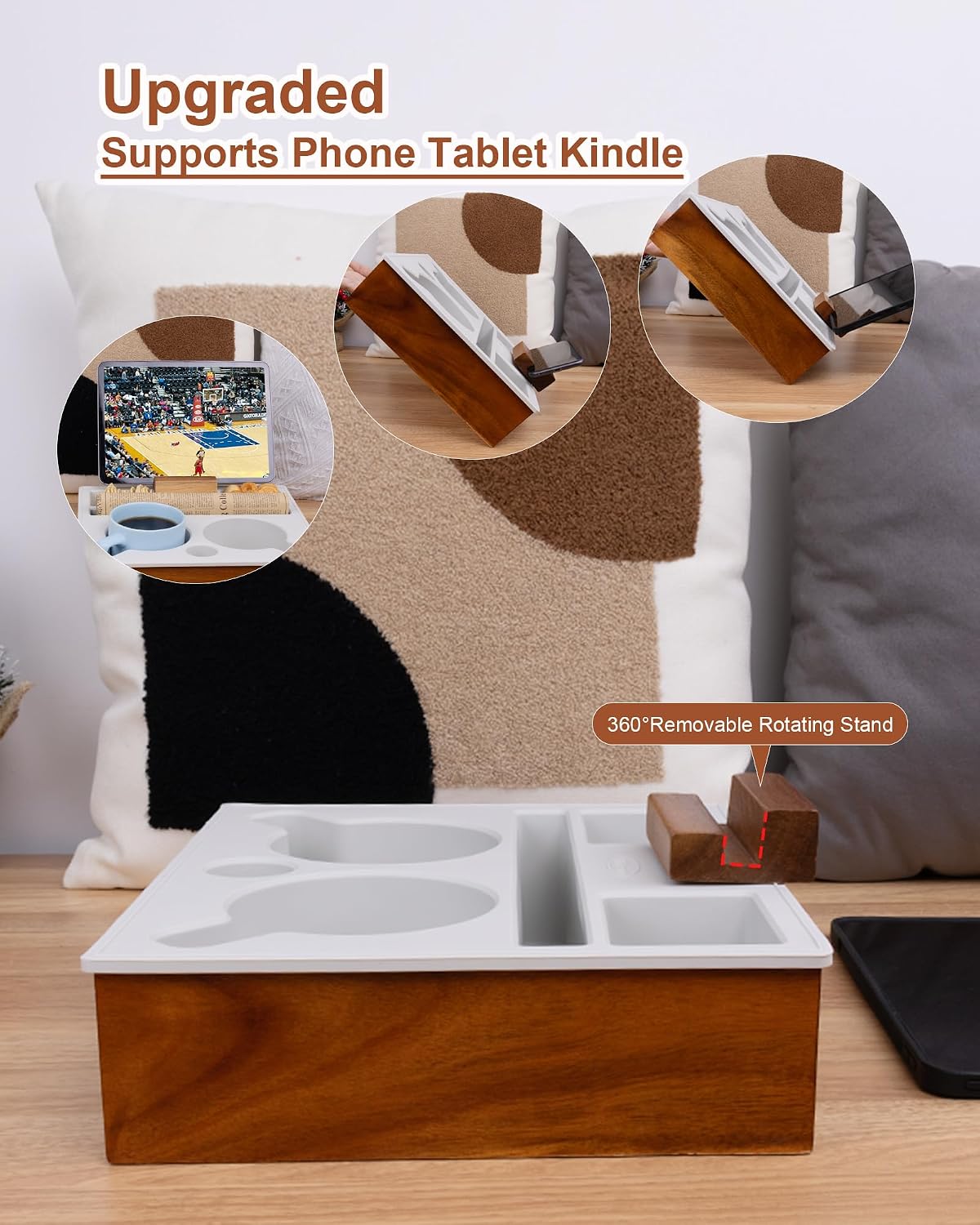 couch cup holder tray, portable silicone acacia wooden, side view