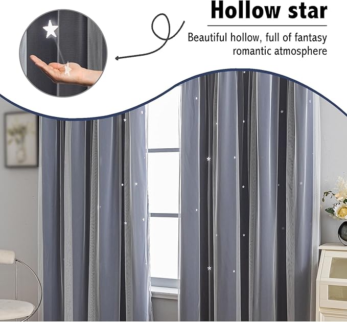 Anytime Romantic Kids Curtain, Hollow-Out Stars Window Curtain Double Layer - Image 7