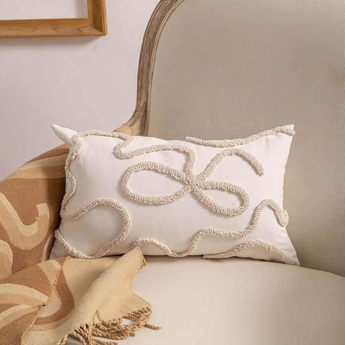Coquette Bow Tufted Throw Pillow Cover 12x 20, Boho Neutral Linen Pillow by RinRinfam