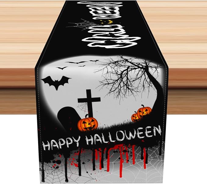 Happy Halloween Table Runner Spooky Bloody Spider Web Bat Pumpkin Kitchen by Kzzfqxb