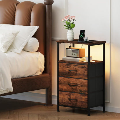 somdot tall nightstand with 3 drawers, charging station shown in use