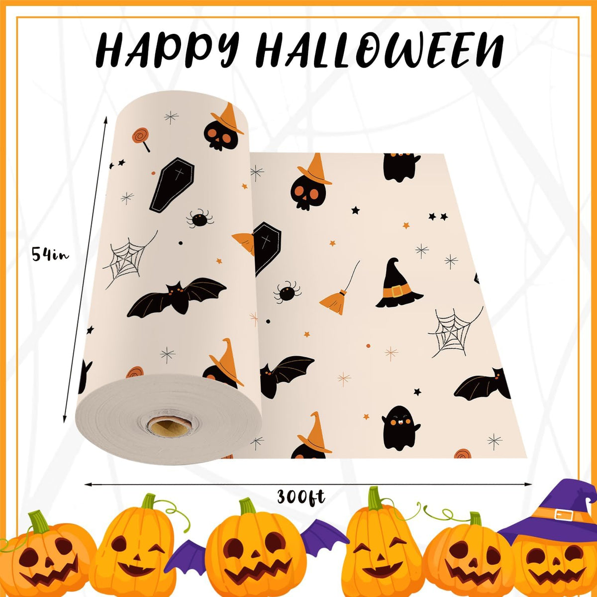 CXPSINC 54 Inch X 300 Feet Plastic Table Cover Roll Disposable Halloween Tablecloth with Slide Cutter Ghost Bat Plastic Table Covers for Halloween Party Decorations(Halloween Beige, 300 Feet)