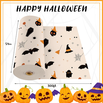 CXPSINC 54 Inch X 300 Feet Plastic Table Cover Roll Disposable Halloween Tablecloth with Slide Cutter Ghost Bat Plastic Table Covers for Halloween Party Decorations(Halloween Beige, 300 Feet)