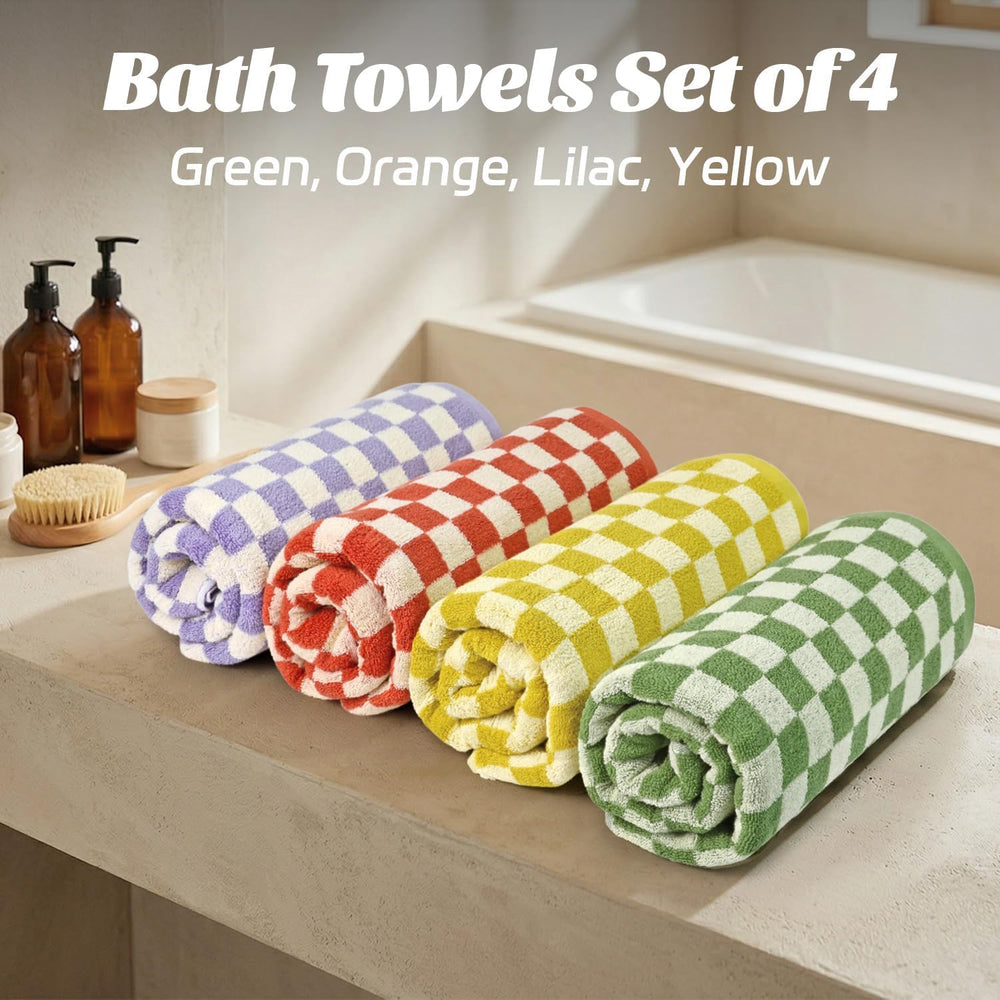 Checkered Bath Towels Set of 4 - Cotton Towels for Bathroom, Beach, Pool
