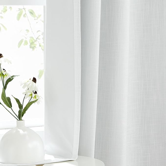 White Full Blackout Curtain Rayon Blend Heavy Linen Texture Window Treatment - Image 2