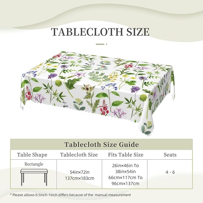 Botanical Tablecloth Green Herbs Plants Flowers Leaves Watercolor Natural Table - Image 3