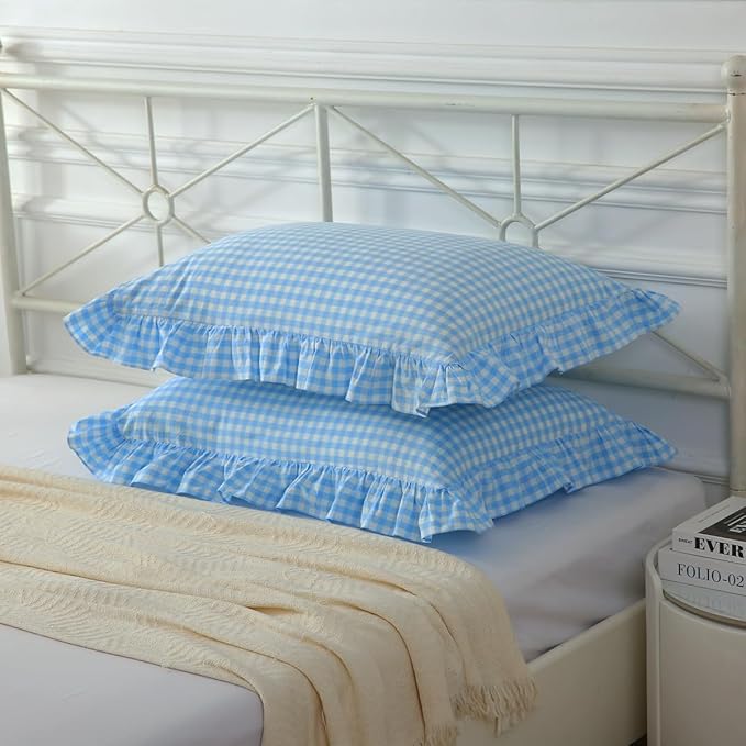 Vintage Sky Blue Plaid Ruffle Pillow Shams Standard Size Set of 2, Washed - Image 7