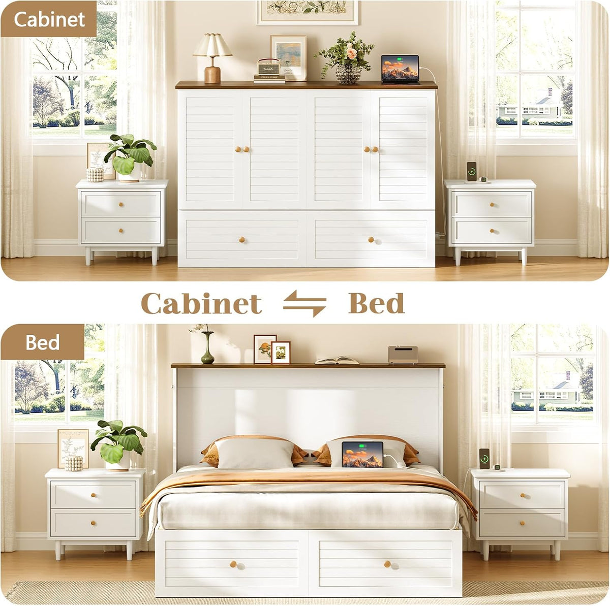 yoobure queen murphy bed with charging station, cabinet shown in use