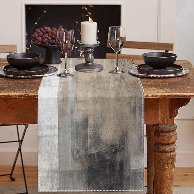 Emvency Farmhouse Table Runner, Abstract White and Brown Art Painting by Emvency