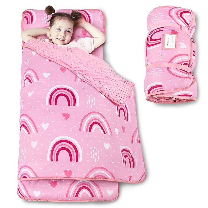 Toddler Nap Mat with Pillow and Minky Blanket, Large 55"x35" Sleeping Bag by Beavtaens