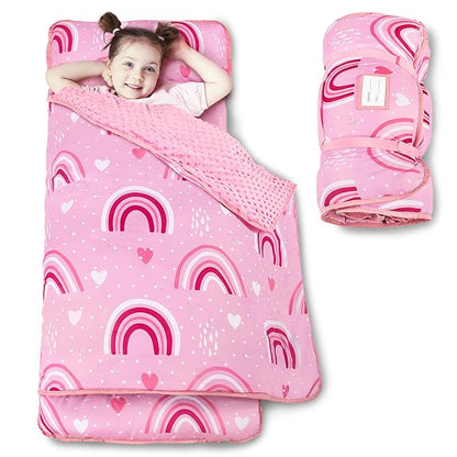 Toddler Nap Mat with Pillow and Minky Blanket, Large 55"x35" Sleeping Bag by Beavtaens