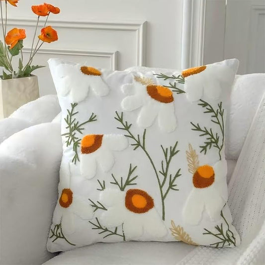 18x18 Embroidered Throw Pillow Cover – White Daisy Cotton Decorative Cushion by EmbroideredLiving