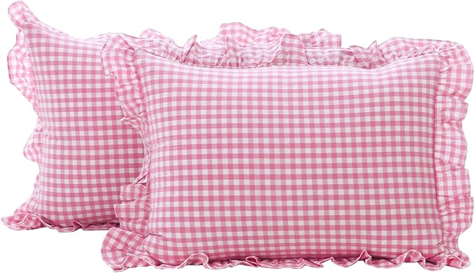 2 Pack Pink and White Plaid Ruffle Gingham King Size Pillow Shams, 100% Washed by KMASANIJI