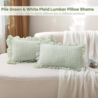 2 Pack Pile Green White Plaid Ruffle Gingham Lumbar Throw Pillow Covers - Image 2