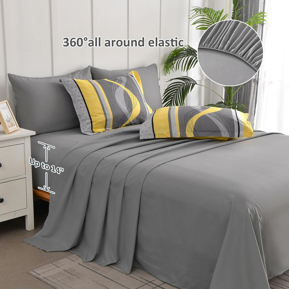 Anibedding Yellow and Grey Comforter Set King Size,8 Pieces Bed in a Bag Patc...