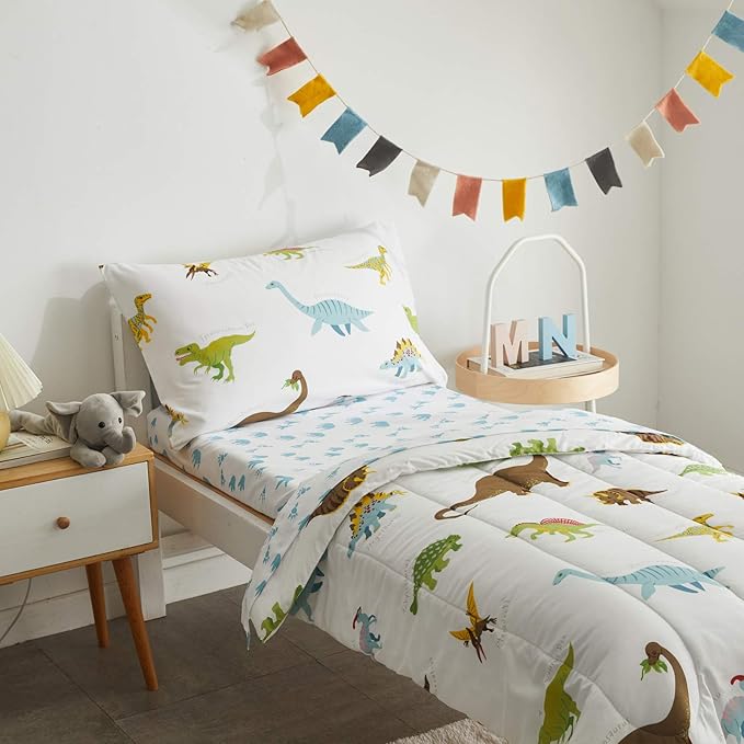 4 Pieces Toddler Bedding Set Dinosaur White - Image 3