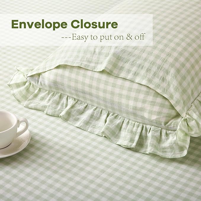 2 Pack Pile Green White Plaid Ruffle Gingham King Size Pillow Shams, 100% - Image 4