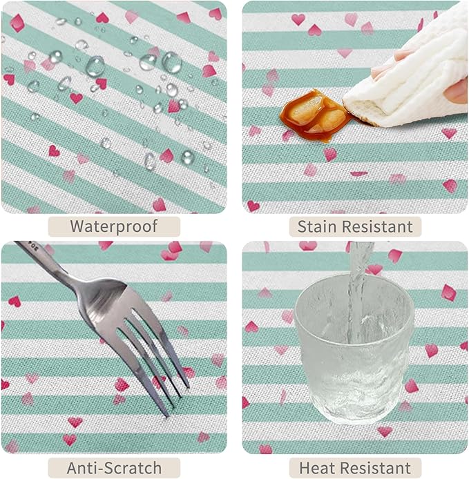 54x86inches Mint and White Stripes Tablecloth Pink Flowers Hearts Printed Table - Image 4