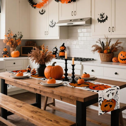 Happy Halloween Table Runner Pumpkin White Spider Web Fall Kitchen Dining Table - Image 2