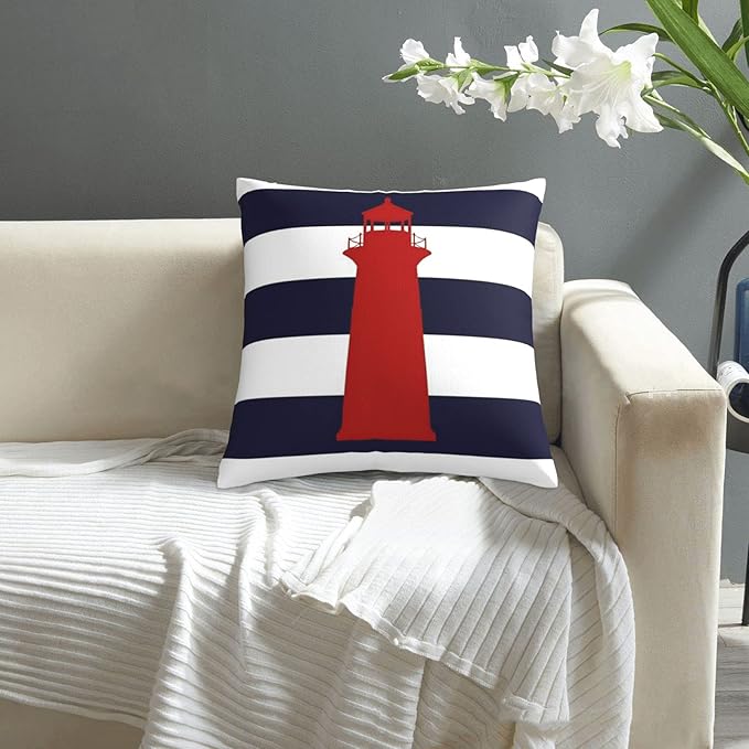 Myshe Square Nautical Red Lighthouse On Navy Blue Stripes Throw Pillow Cover - Image 8