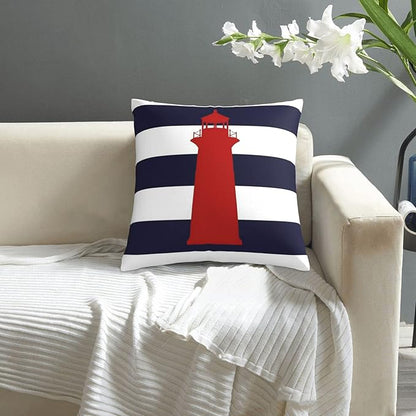 Myshe Square Nautical Red Lighthouse On Navy Blue Stripes Throw Pillow Cover - Image 8