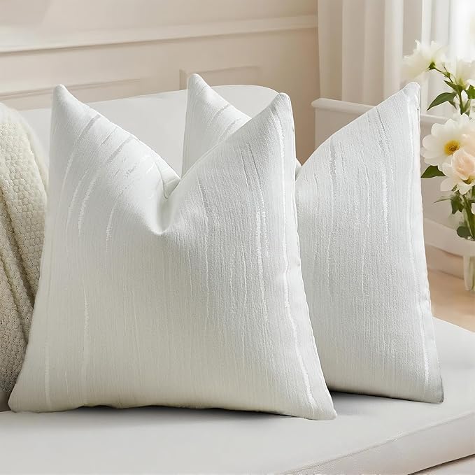 HAUSSY White Throw Pillow Covers 20x20 Inch Set of 2, Boho Embossed Striped by HAUSSY