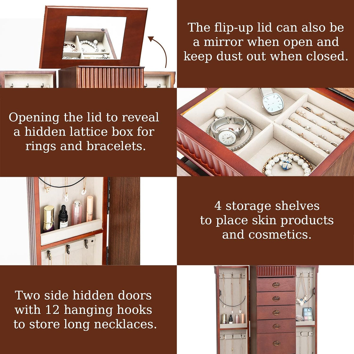costway standing jewelry armoire, wooden jewelry storage chest, close-up detail