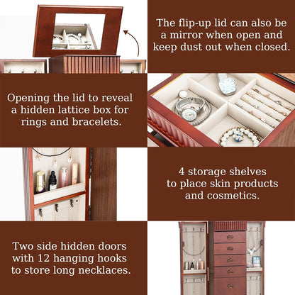 costway standing jewelry armoire, wooden jewelry storage chest, close-up detail