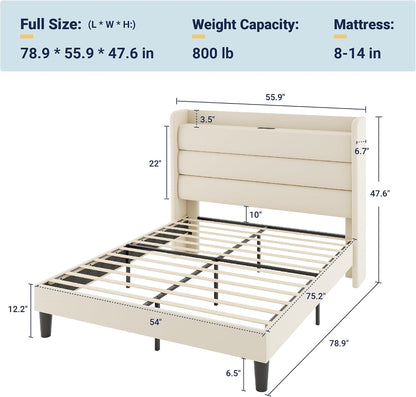 allewie full size upholstered bed frame with charging shown in use
