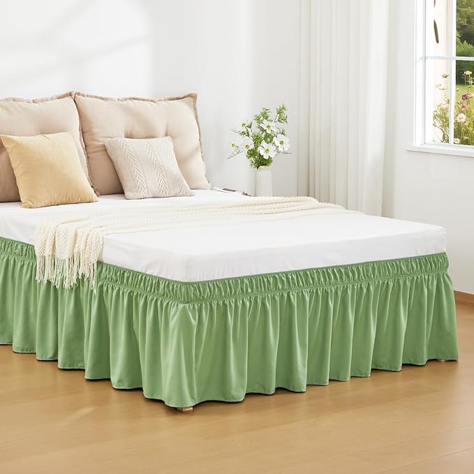 RIMELA Light Green Bed Skirt Queen Size 15 Inch Drop, Elastic Bed Skirting by RIMELABedSkirt