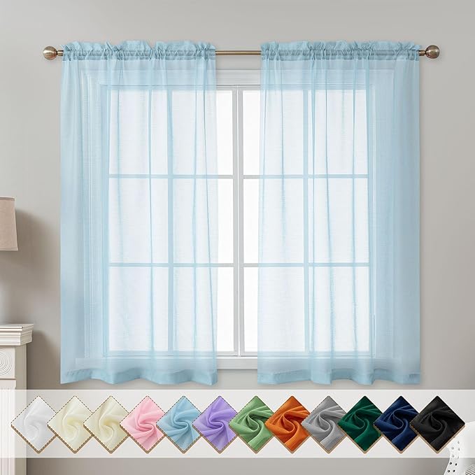 Blue Sheer Curtains 54 Inch Length, Privacy Semi Sheer Curtains by ABLUEN
