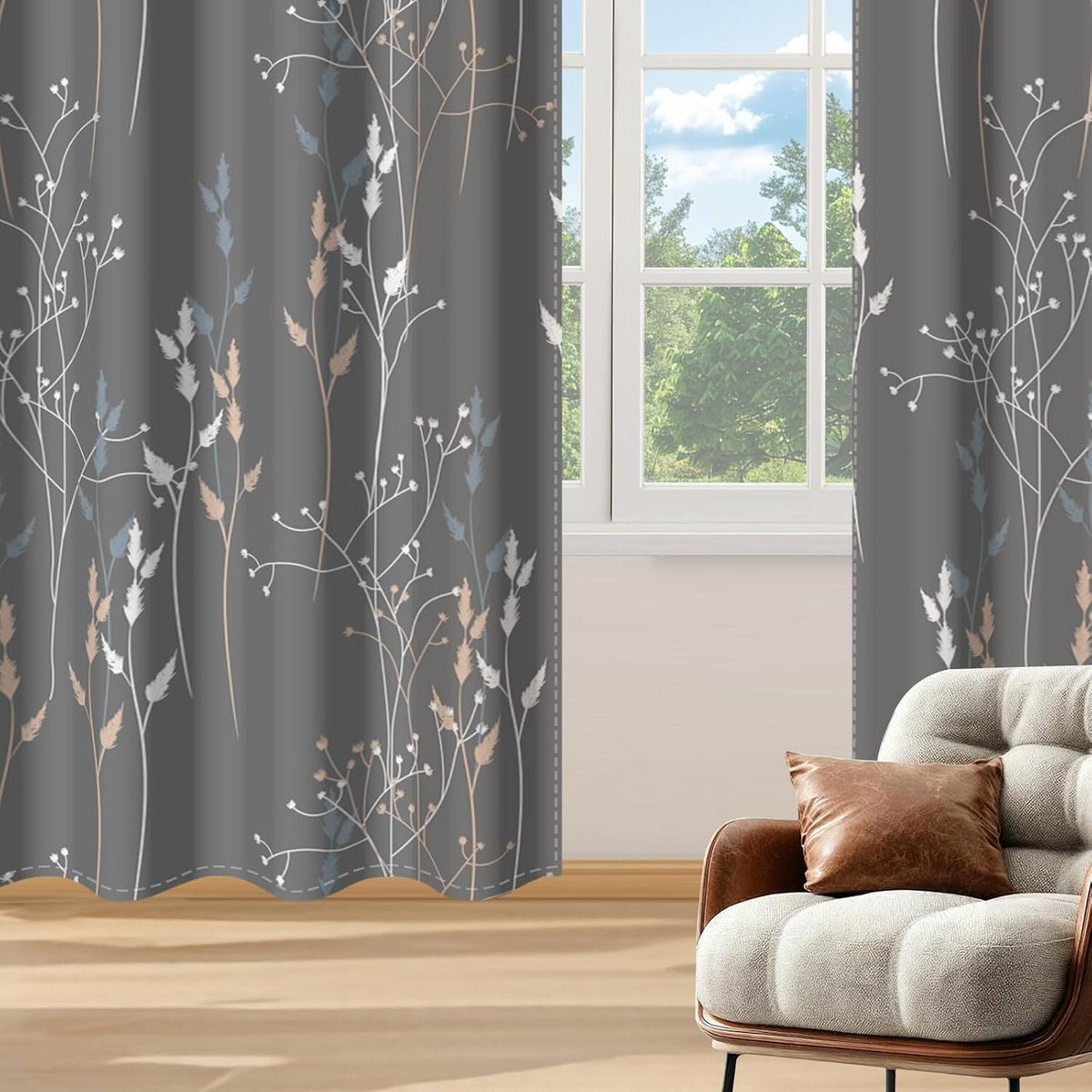 gray leaves blackout curtains 63 inch length, room, view 9