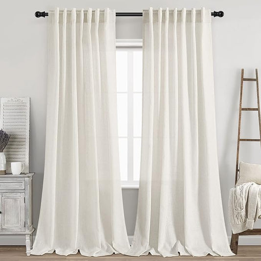 2 Panels Set Cream Linen Curtains 100 inches Long by Nanspring