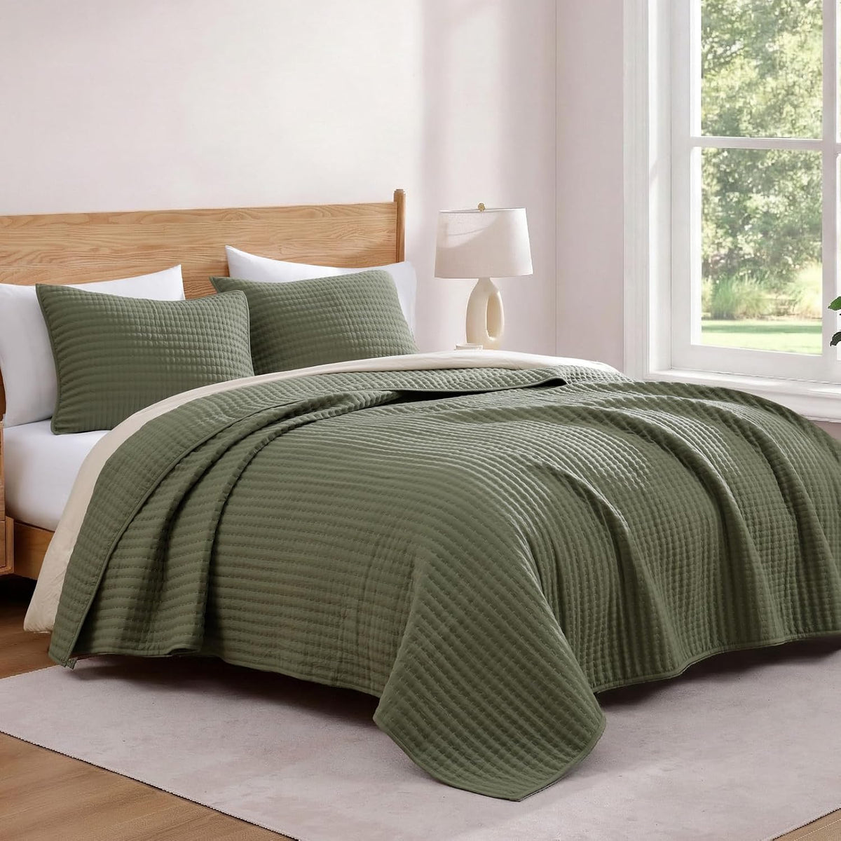 king size quilt-lightweight bedspreads olive green king quilt, side view
