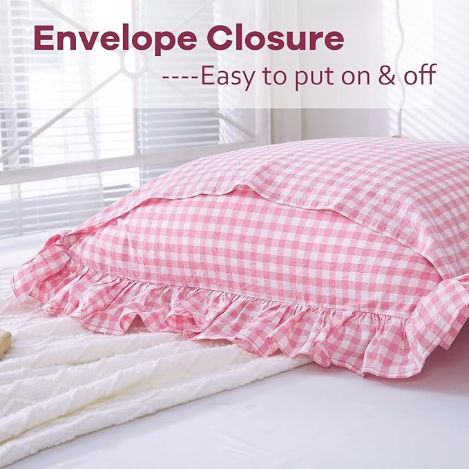 2 Pack Pink White Plaid Gingham Ruffle Euro Pillow Sham Covers, 100% Yarn-Dyed - Image 4
