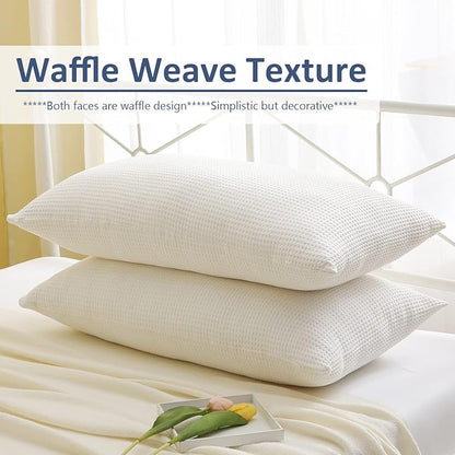 2 Pack Off White Waffle Weave Textured King Size Pillow Shams, 100% Cotton - Image 2