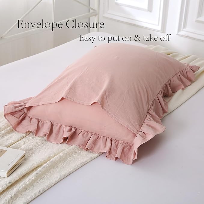 2 Pack Dust Pink Ruffle King Size Pillow Covers, 100% Washed Cotton Envelope - Image 5