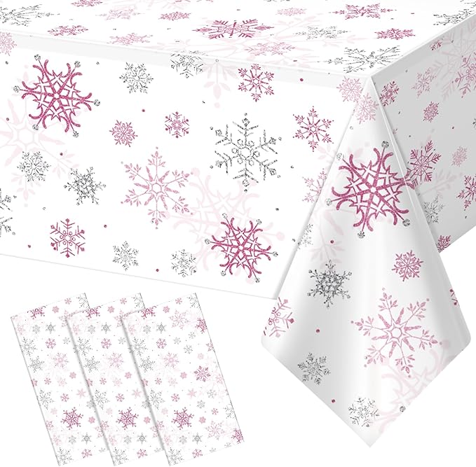 3 Pcs Christmas Snowflake Party Tablecloths Decorations, Plastic Pink Winter by JectivsPartyDecorations
