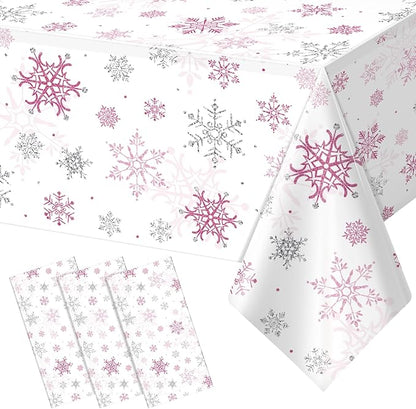 3 Pcs Christmas Snowflake Party Tablecloths Decorations, Plastic Pink Winter by JectivsPartyDecorations