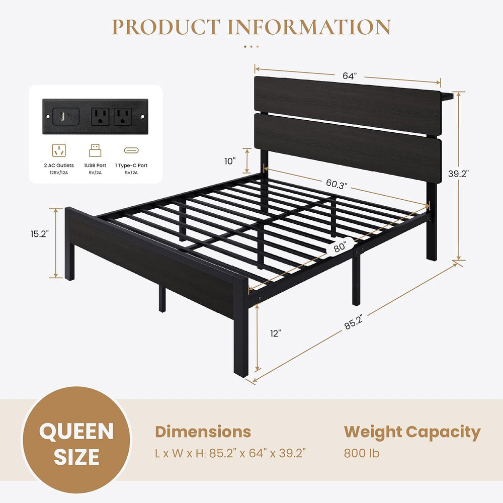 SHA CERLIN Queen Size Bed Frame, Led Light, Charging Station, Storage Shelf