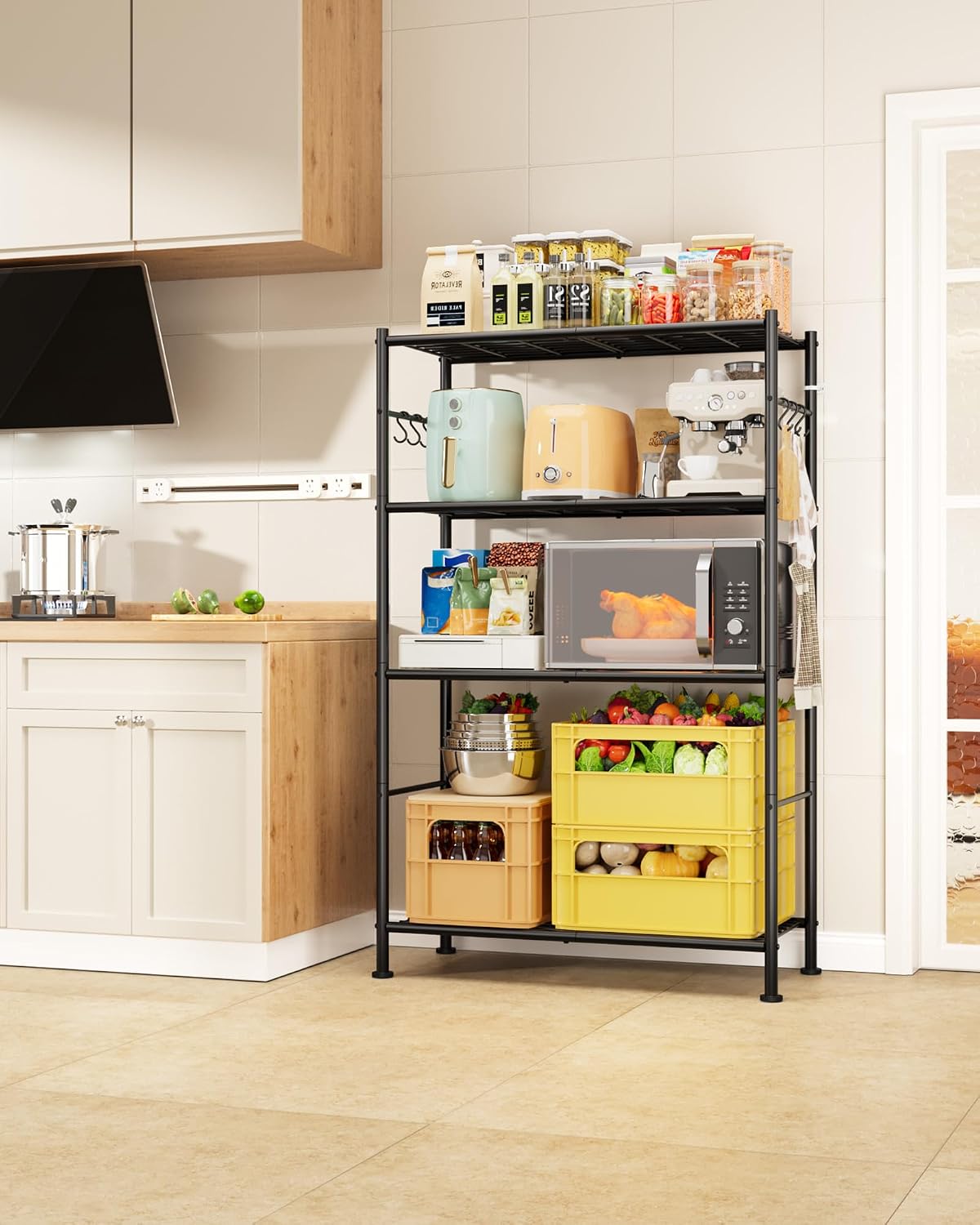 sakugi 4-tier storage shelves with 6 hooks, 33.2", view 9