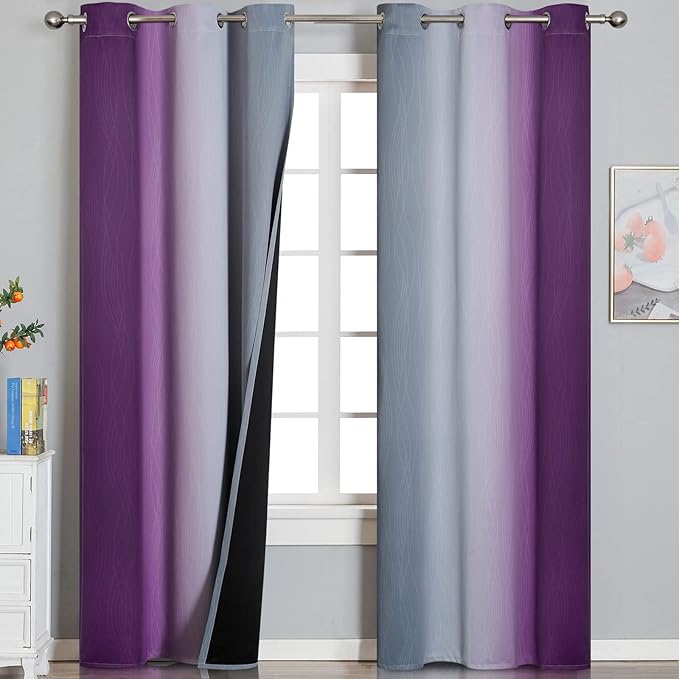 Purple and Grey Blackout Curtains 84 Inches Long, Ombre and Wavy Line Pattern by ESTELARTEXTILER