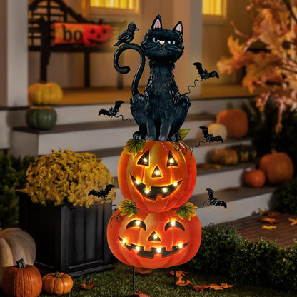Outdoor Halloween Decorations,Metal Black Cat & Jack'O Lighted Timer Stakes