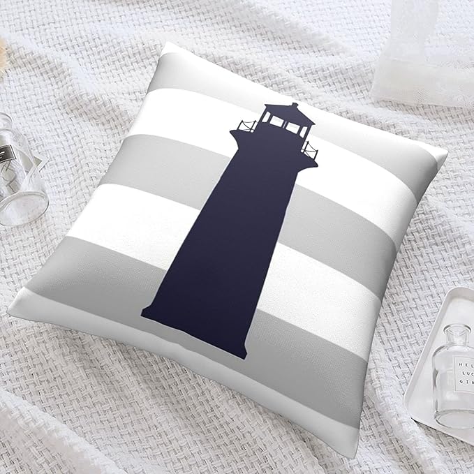 Myshe Square Nautical Navy Blue Lighthouse On Silver Gray Stripes Throw Pillow - Image 7