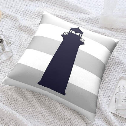 Myshe Square Nautical Navy Blue Lighthouse On Silver Gray Stripes Throw Pillow - Image 7